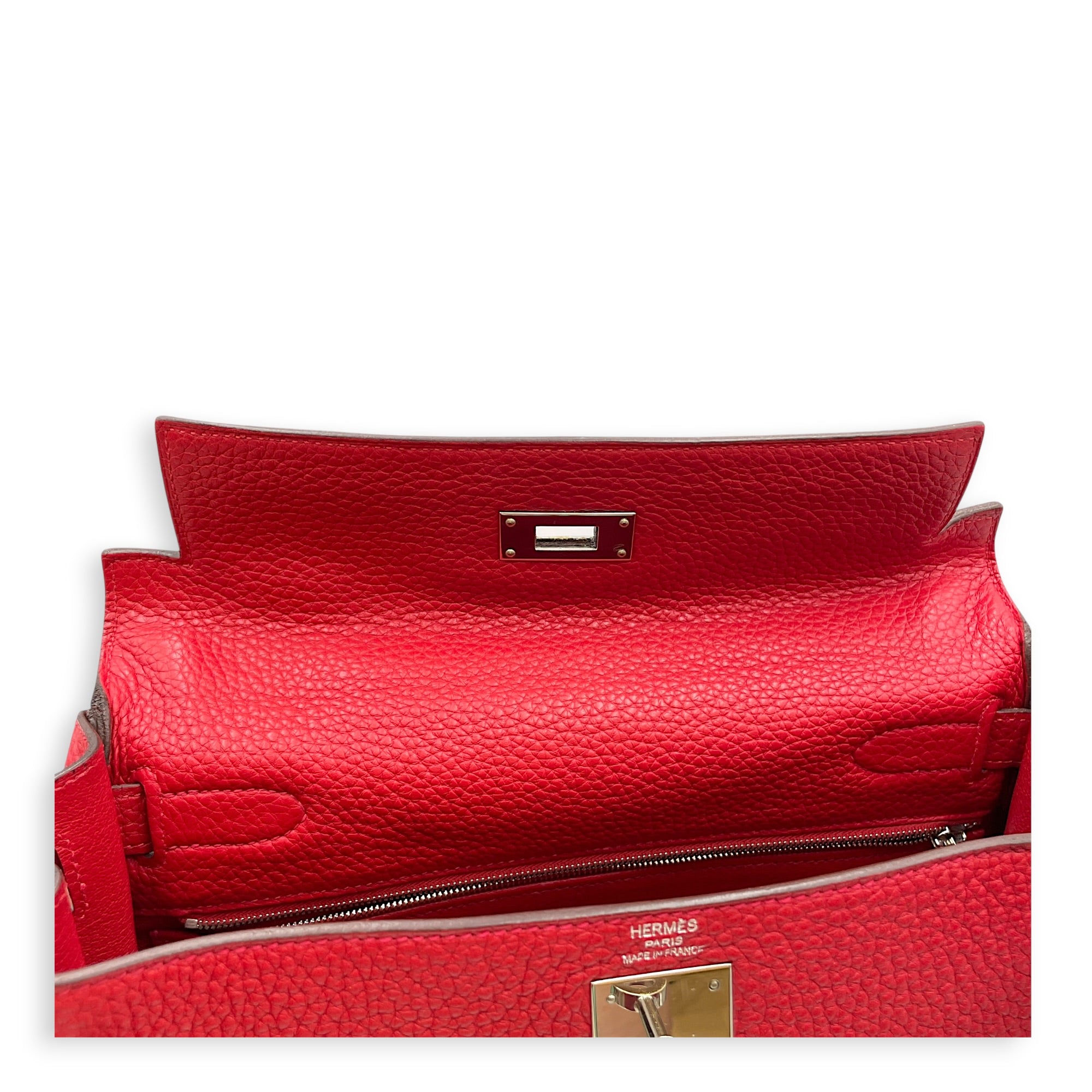 Kelly 28 Rouge Casaque in Clemence Palladium hardware