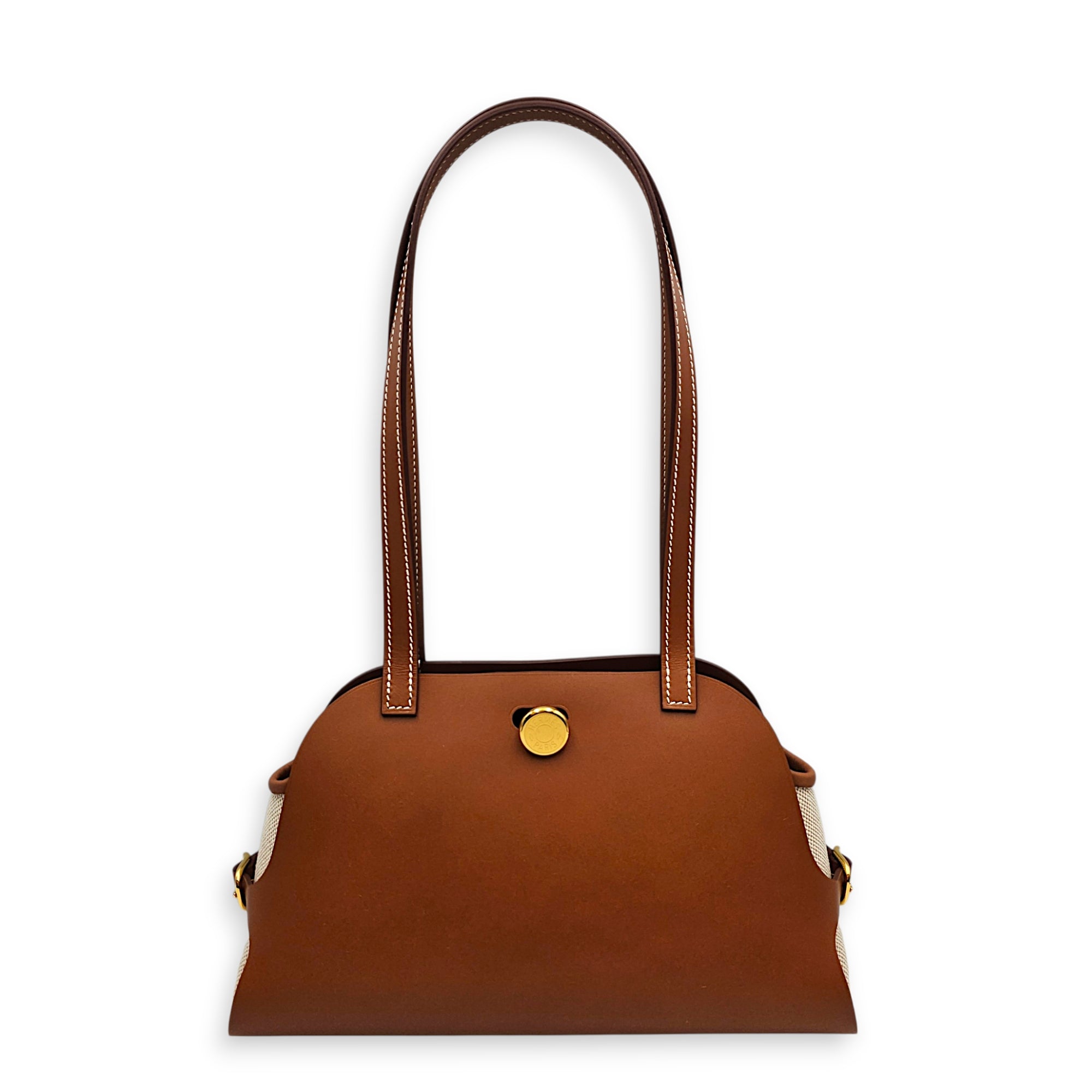 Tablier Sellier Fauve/Ecru-beige/Gold in Vache Hunter/Toile/Swift Gold hardware CL2607-22507 2