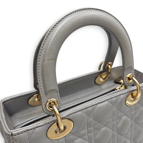 Pearlescent Lady Dior Medium Grey Top Handle Bag in Lambskin Gold hardware CL2607-22519 11