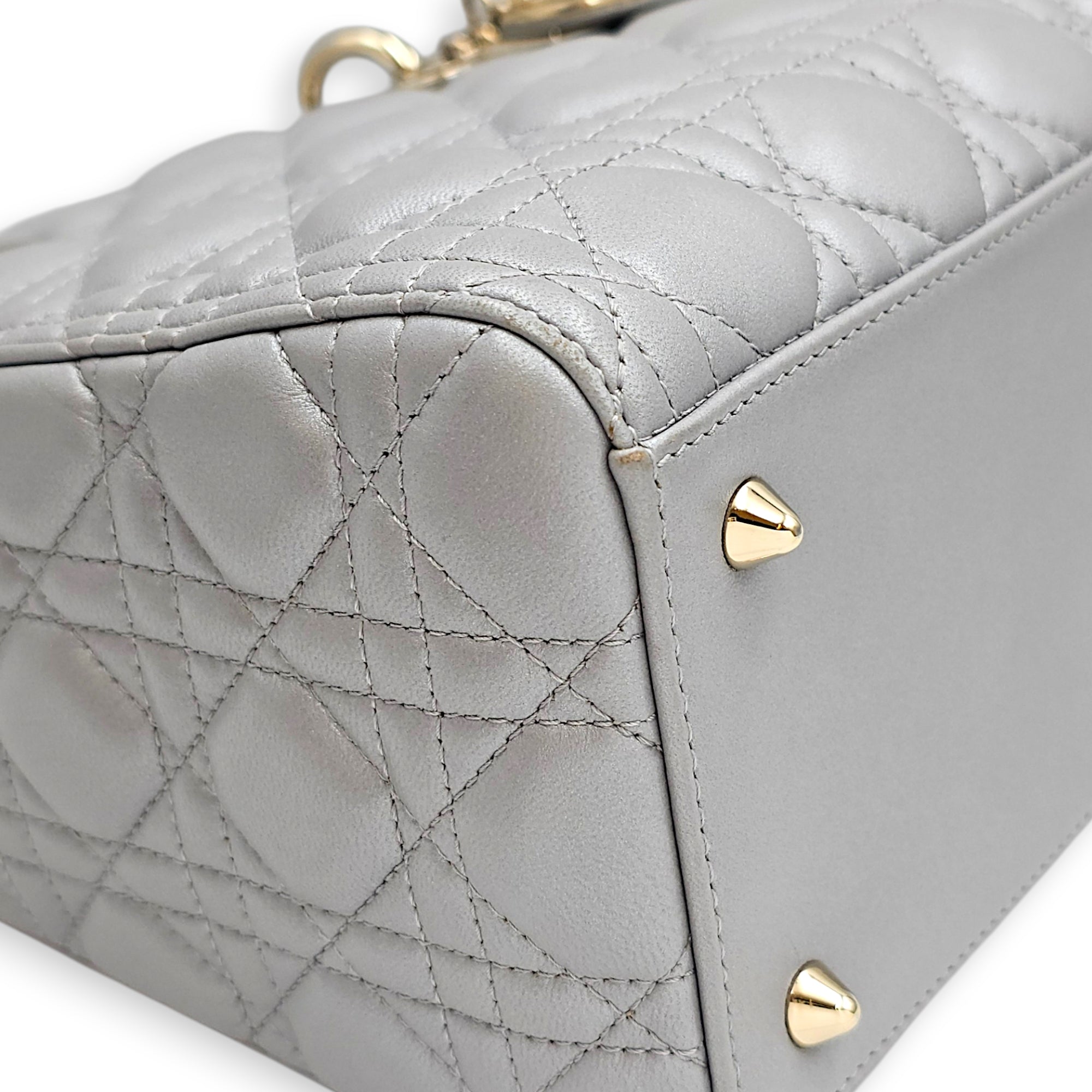 Pearlescent Lady Dior Medium Grey Top Handle Bag in Lambskin Gold hardware CL2607-22519 12