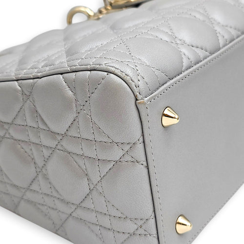 Pearlescent Lady Dior Medium Grey Top Handle Bag in Lambskin Gold hardware CL2607-22519 12