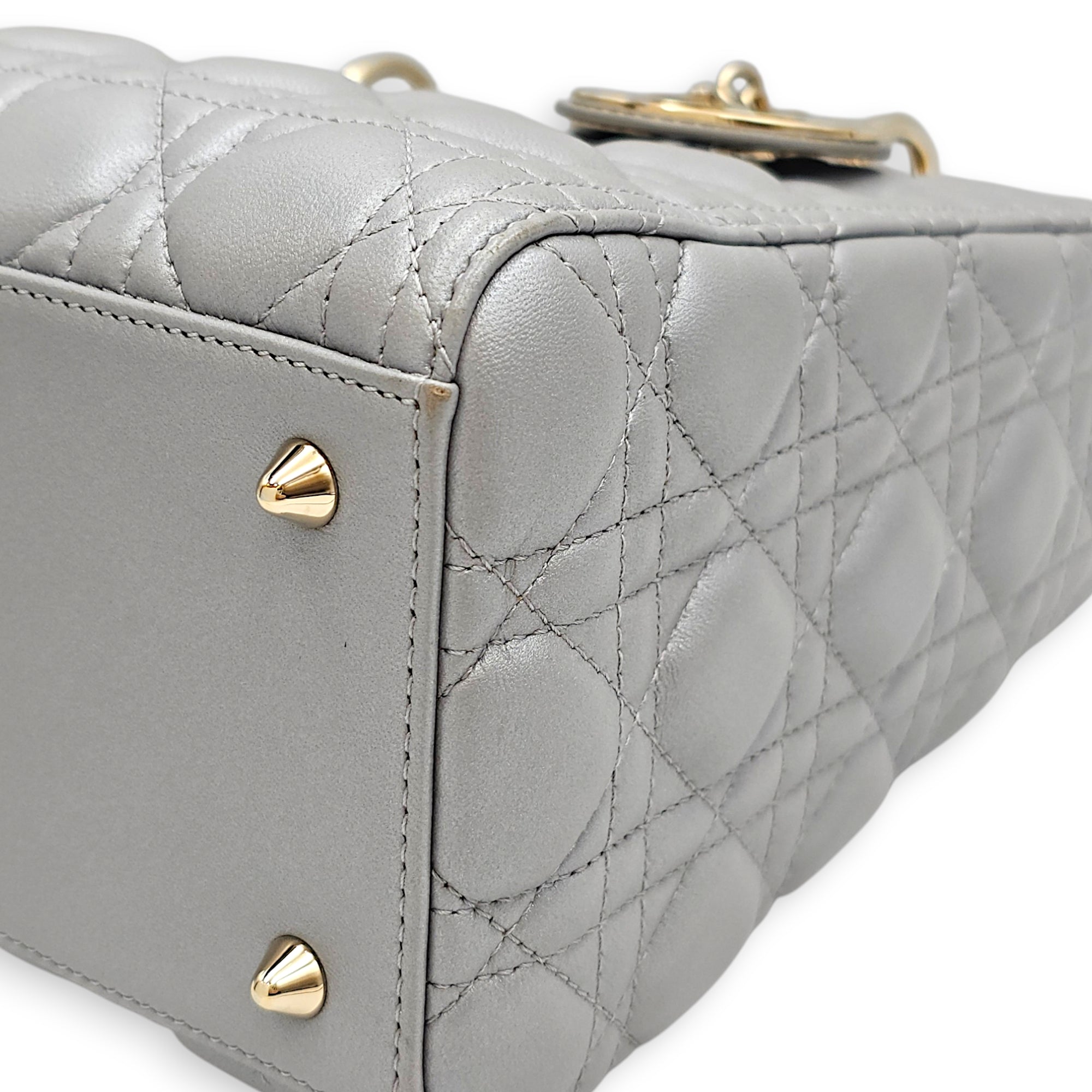 Pearlescent Lady Dior Medium Grey Top Handle Bag in Lambskin Gold hardware CL2607-22519 13