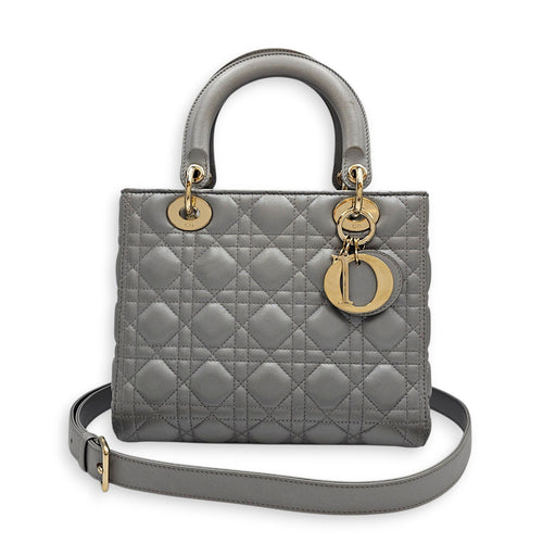 Pearlescent Lady Dior Medium Grey Top Handle Bag in Lambskin Gold hardware CL2607-22519 3