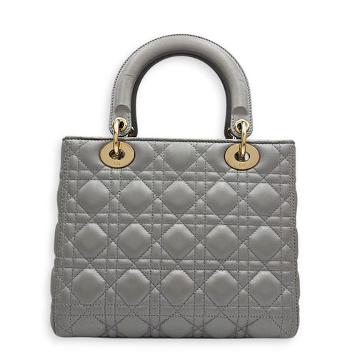 Pearlescent Lady Dior Medium Grey Top Handle Bag in Lambskin Gold hardware CL2607-22519 2