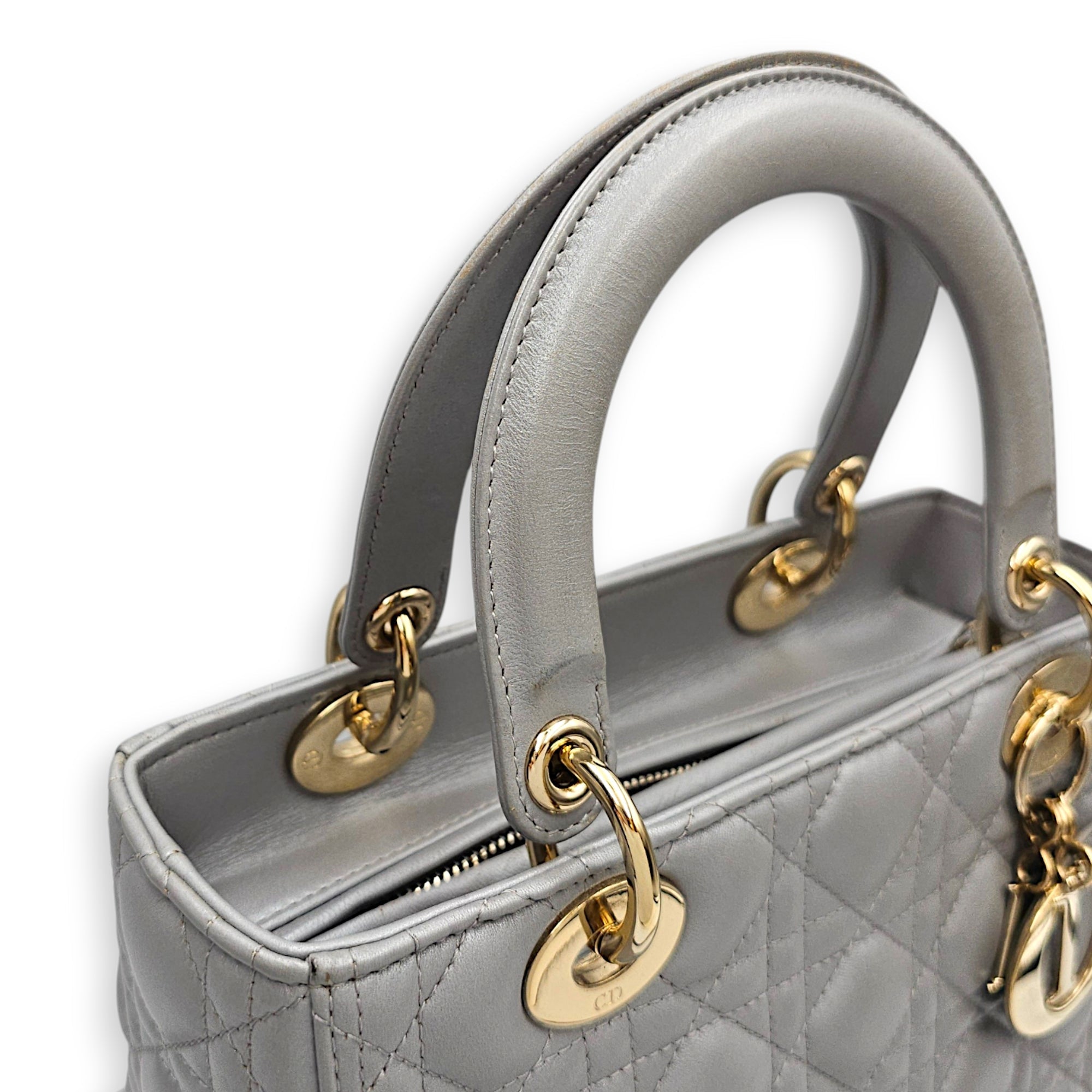 Pearlescent Lady Dior Medium Grey Top Handle Bag in Lambskin Gold hardware CL2607-22519 8