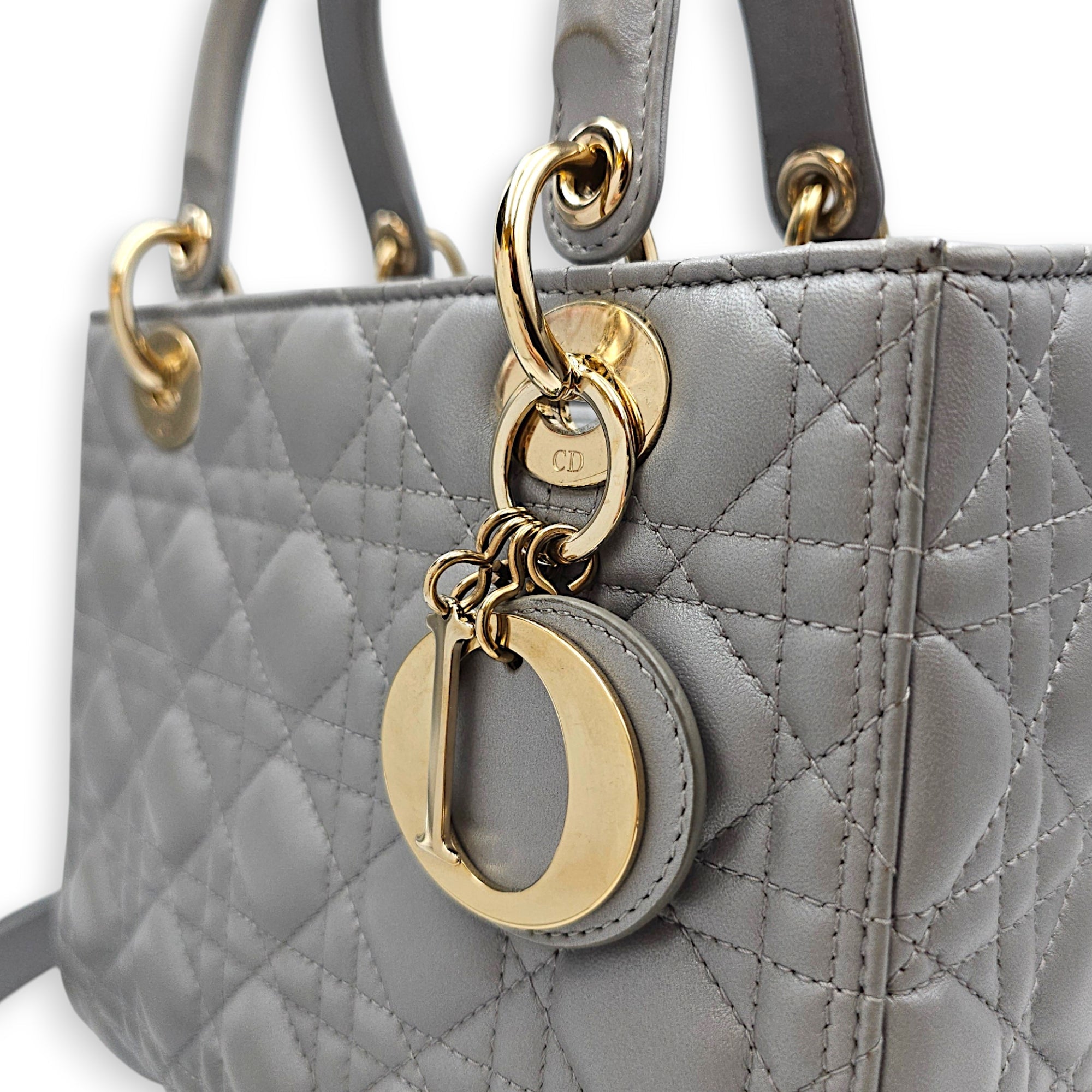 Pearlescent Lady Dior Medium Grey Top Handle Bag in Lambskin Gold hardware CL2607-22519 9
