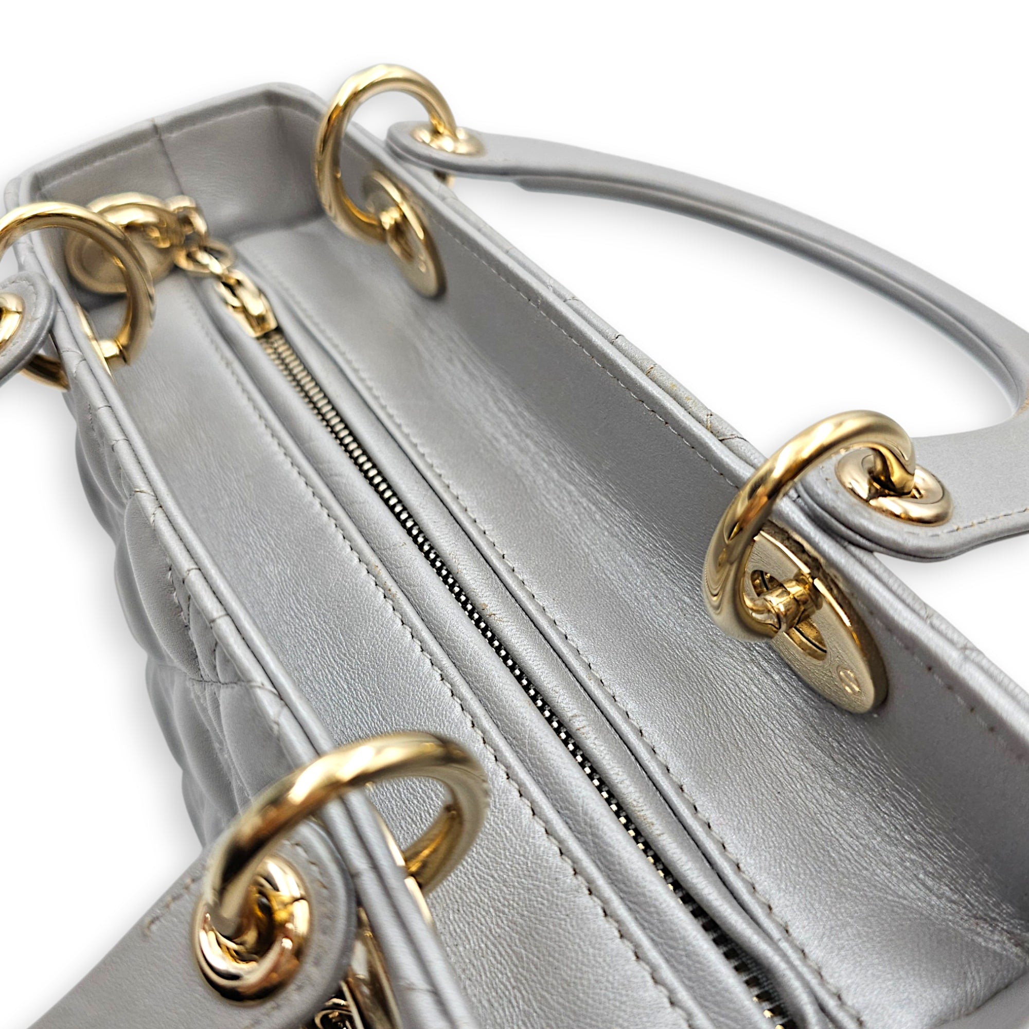 Pearlescent Lady Dior Medium Grey Top Handle Bag in Lambskin Gold hardware CL2607-22519 10
