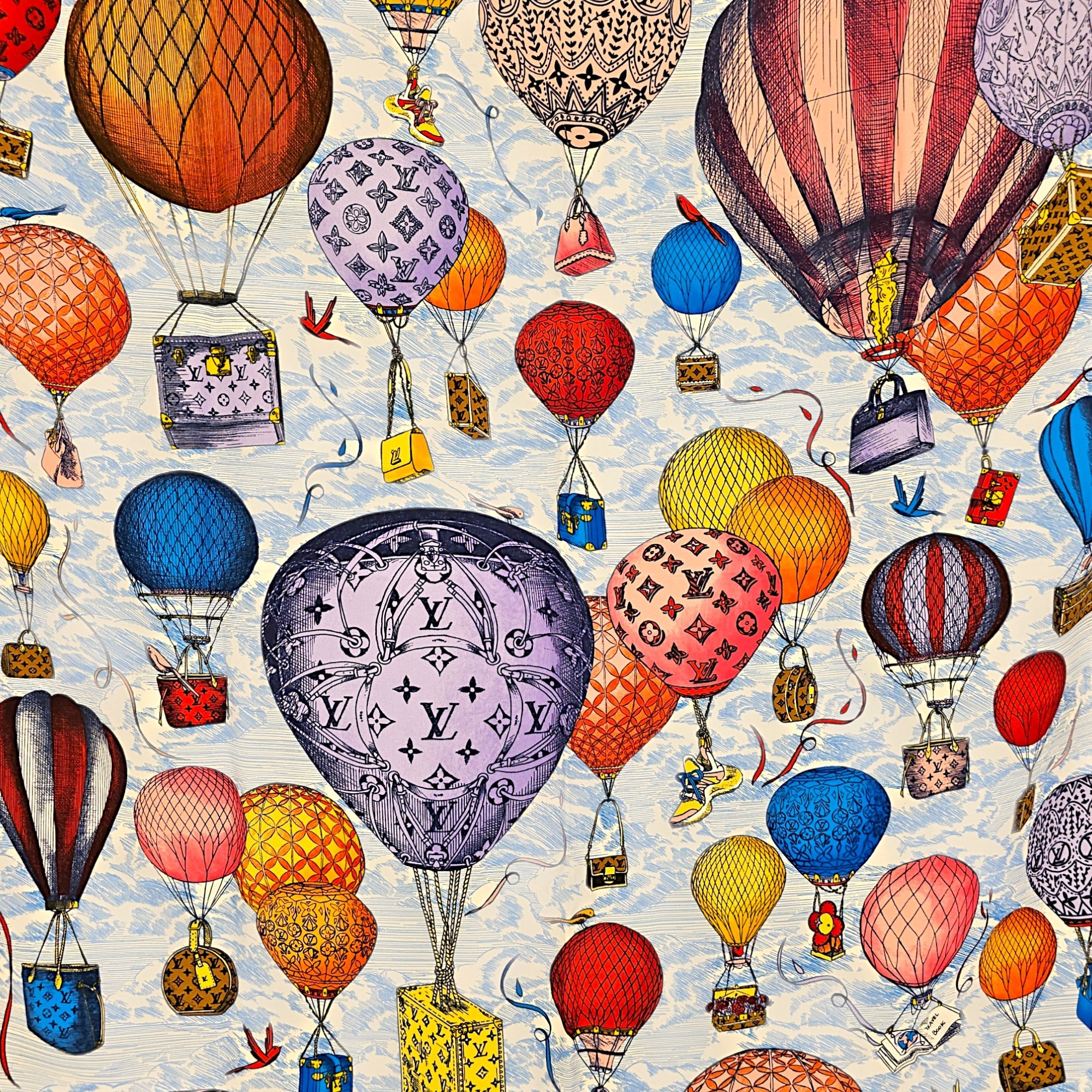 Up and Away Hot Air Ballons Square  90cm x 90 cm Blue Scarf in Silk CL2607-22520 2