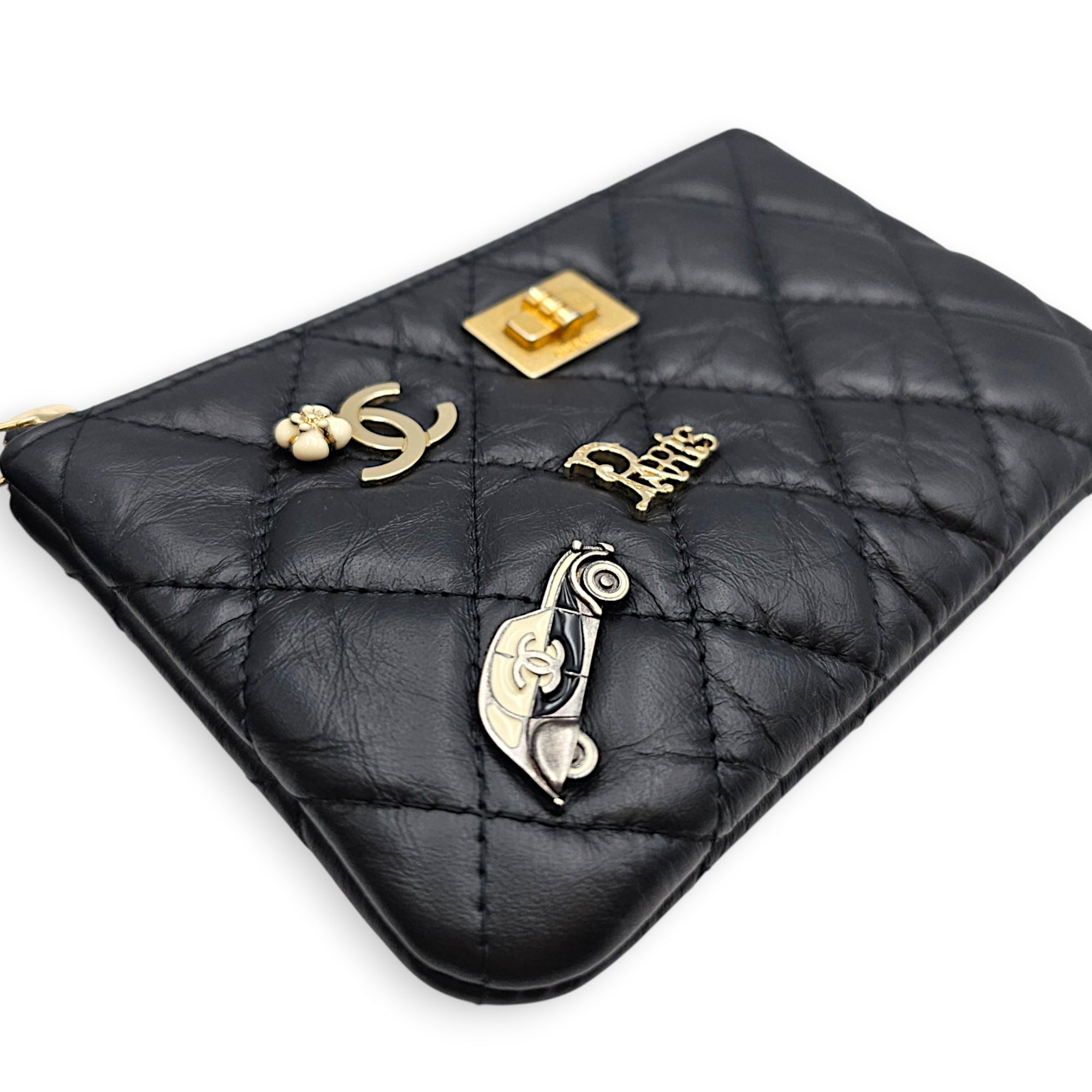 Qulited Reissue Lucky Charms O Case Wallet Black Pouch in Distressed Leather Gold hardware CL2607-22532 7