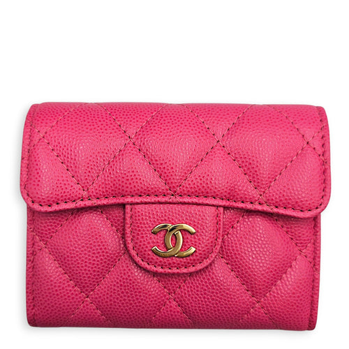 Quilted Flap Card Holder Pink Wallet in Caviar Leather Gold hardware CL2607-22533 1