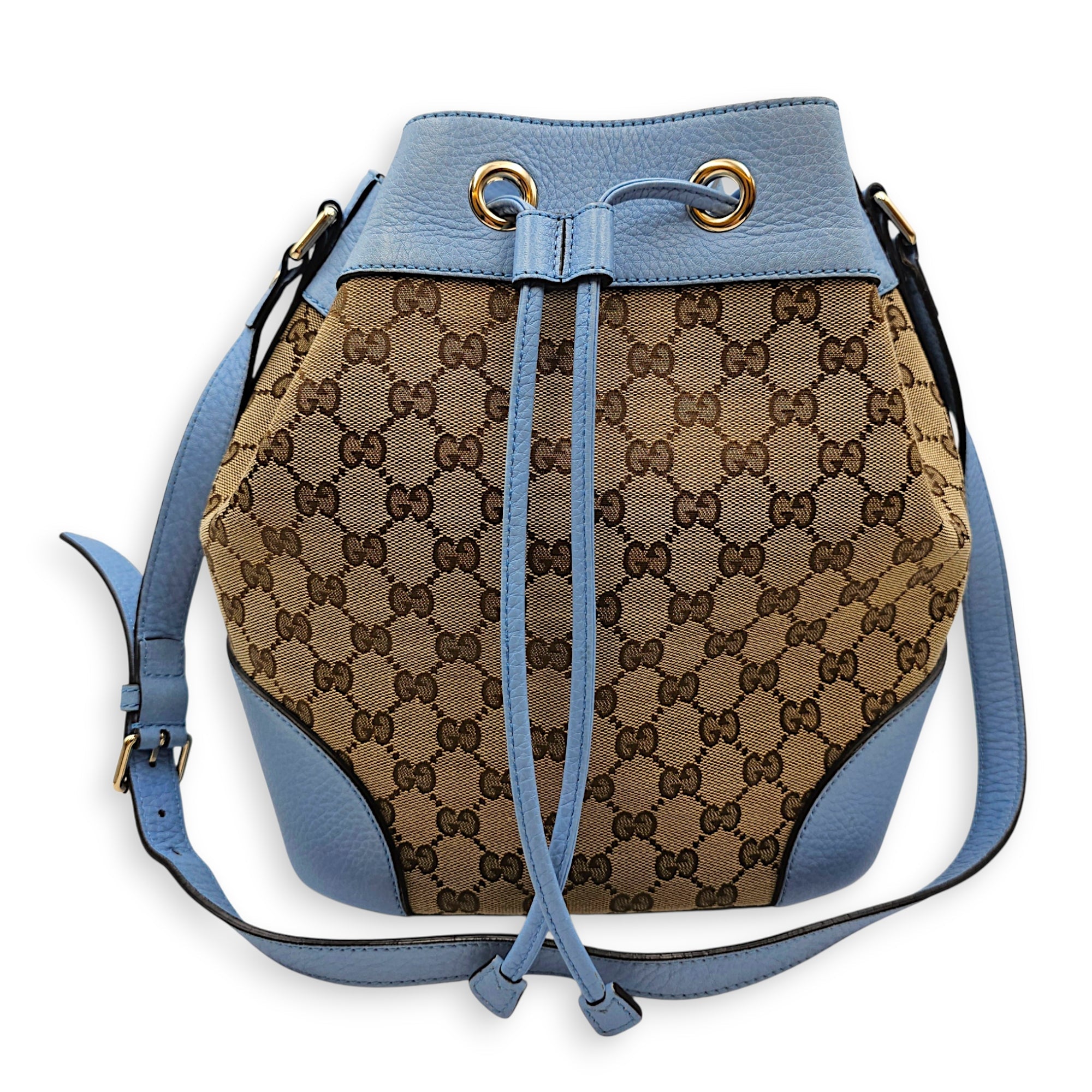 Bucket 23cm Blue Shoulder Bag in Canvas Guilloche hardware