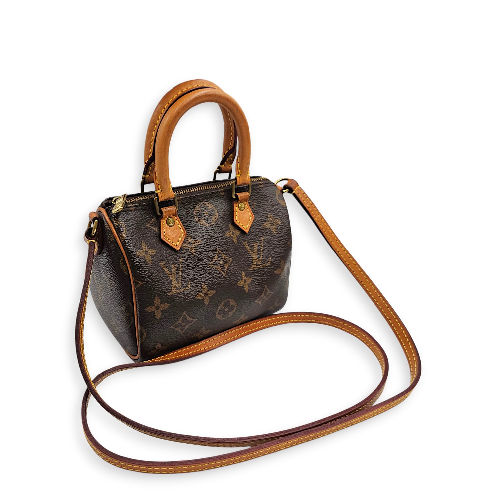 Speedy Nano Brown Crossbody Bag in Canvas Gold hardware