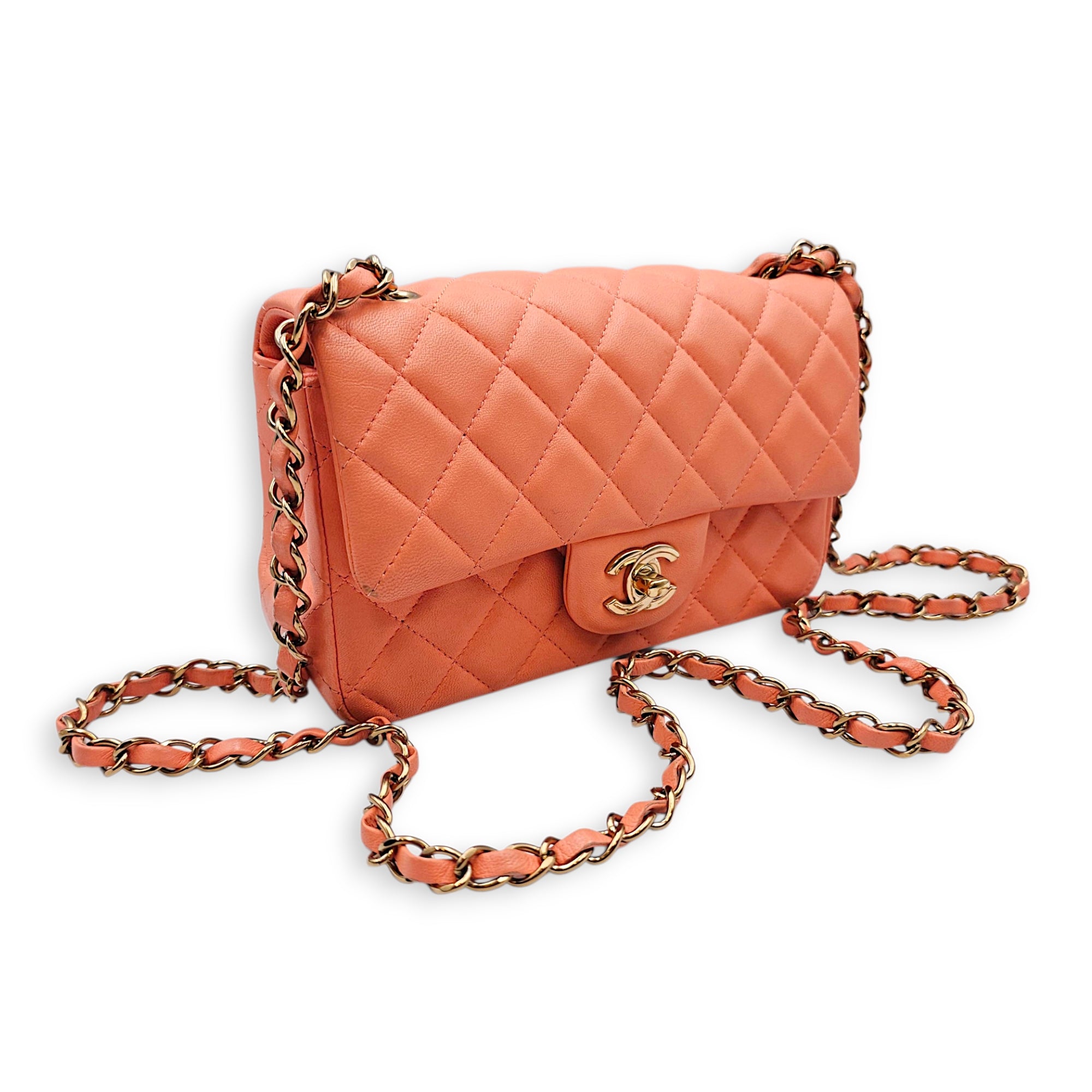 Mini Rectangular Flap 20  Coral  Crossbody Bag in Lambskin Gold hardware