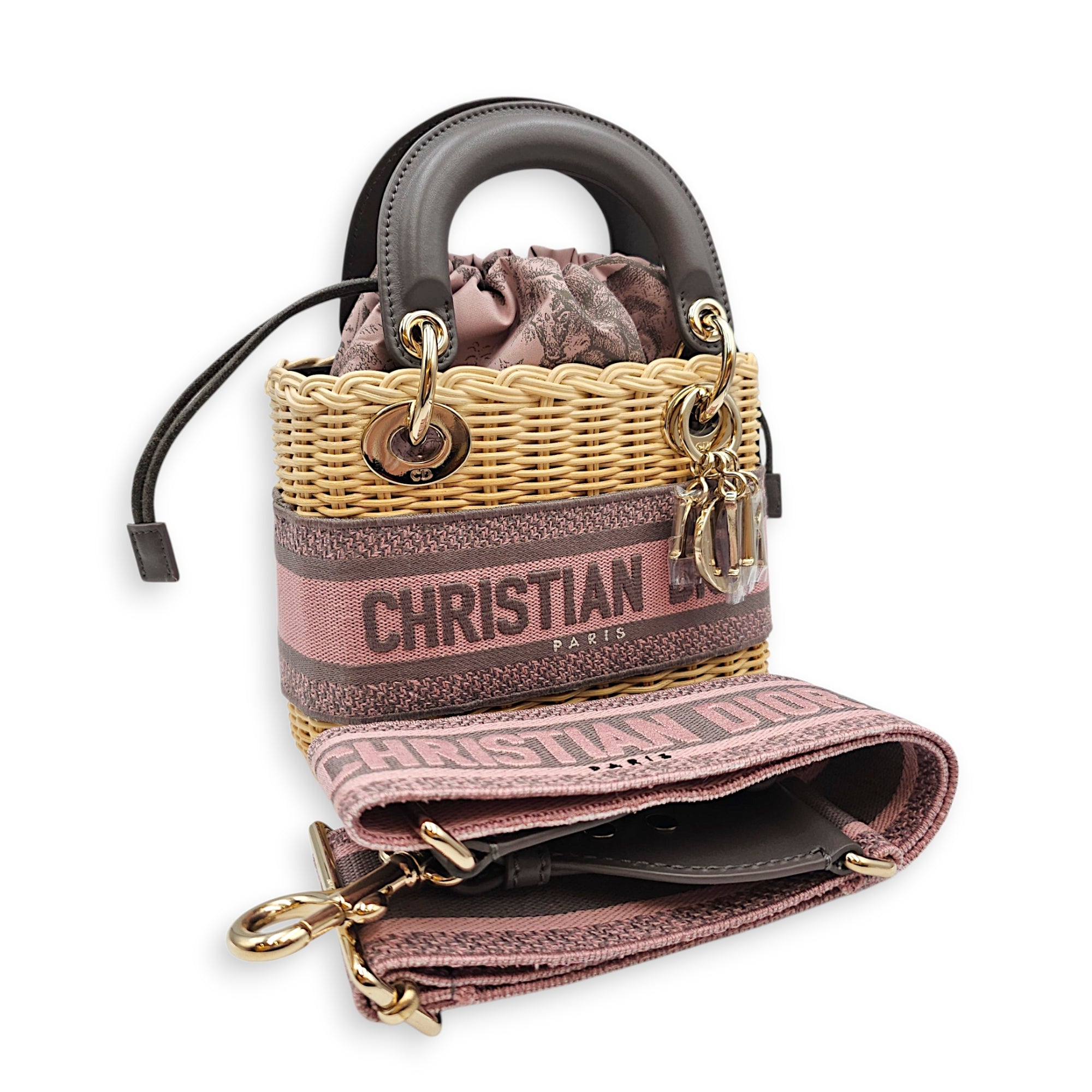 Wicker Mini Lady Dior 17 Grey Top Handle Bag in Rattan Gold hardware