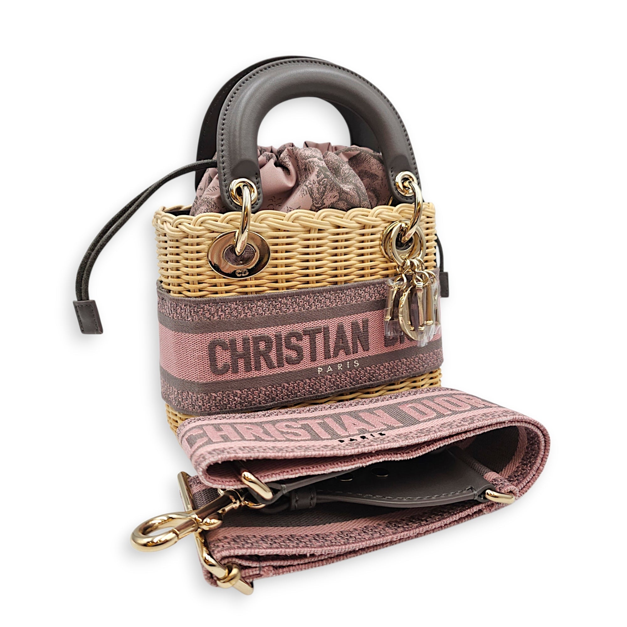 Wicker Lady Dior Mini Grey Shoulder Bag in Rattan Gold hardware CL2607-22682 3