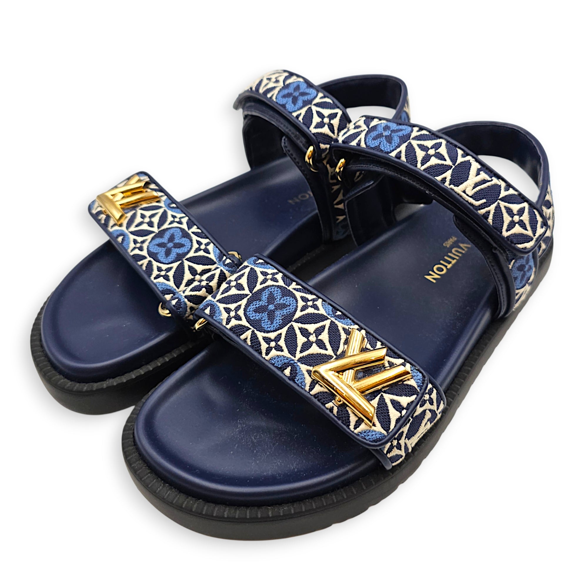Sunset Flat Comfort Sandals 39 Blue Sandals in Calfskin Gold hardware