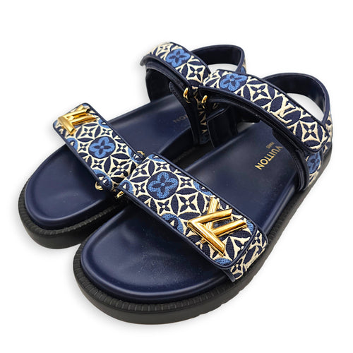 Sunset Flat Comfort Sandals 39 Blue Sandals in Calfskin Gold hardware
