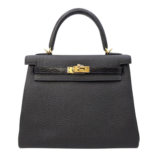 Kelly Touch 25 Noir in Togo/Lizard Niloticus Gold hardware