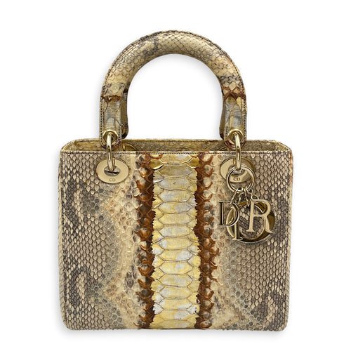 Lady Dior Medium Beige Top Handle Bag in Python Leather Gold hardware