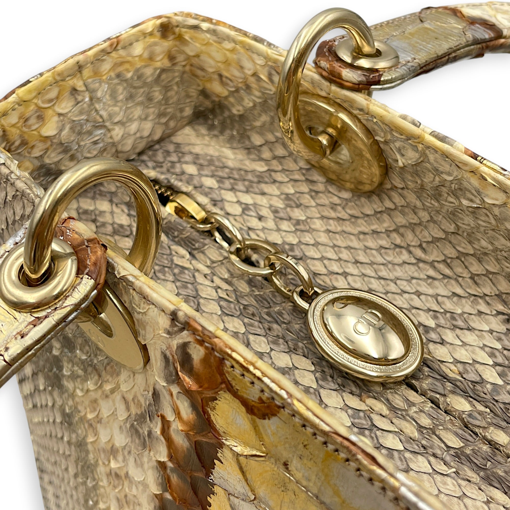 Lady Dior Medium Beige Top Handle Bag in Python Leather Gold hardware