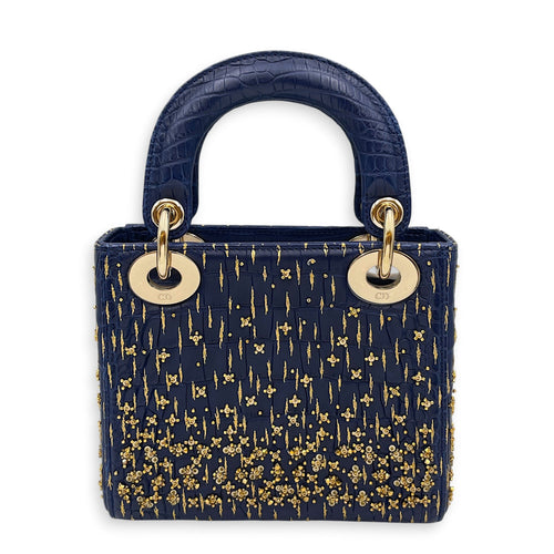 Lady Dior Mini Navy Blue Shoulder Bag in Matte Alligator Gold hardware CL2608-023009 2