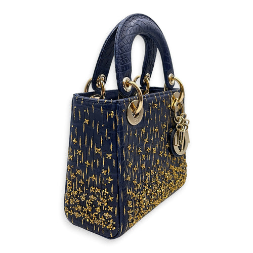 Lady Dior Mini Navy Blue Shoulder Bag in Matte Alligator Gold hardware CL2608-023009 7