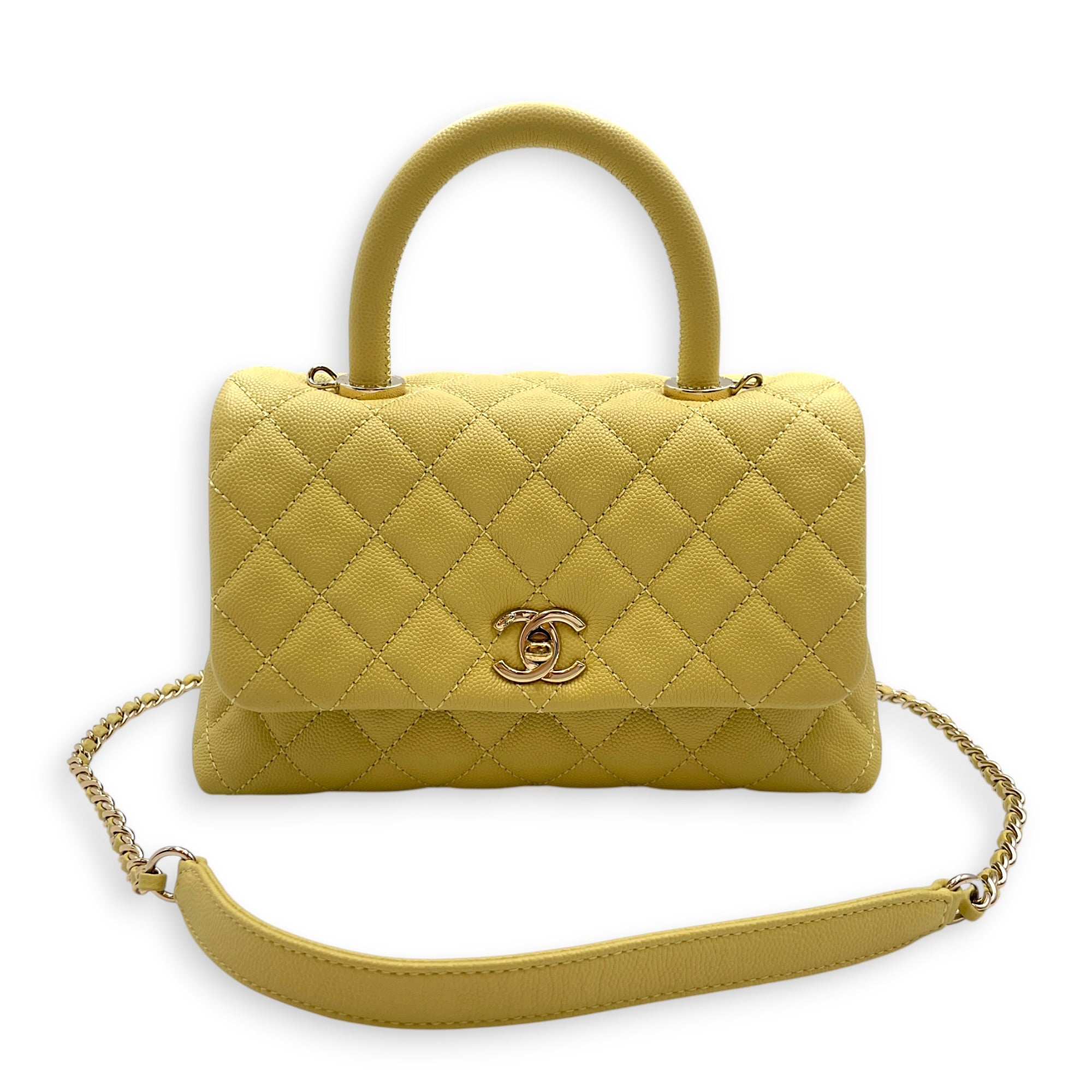 CC Coco Top Handle  Small Yellow Shoulder Bag in Caviar Leather Light Gold hardware CL2608-023063 14