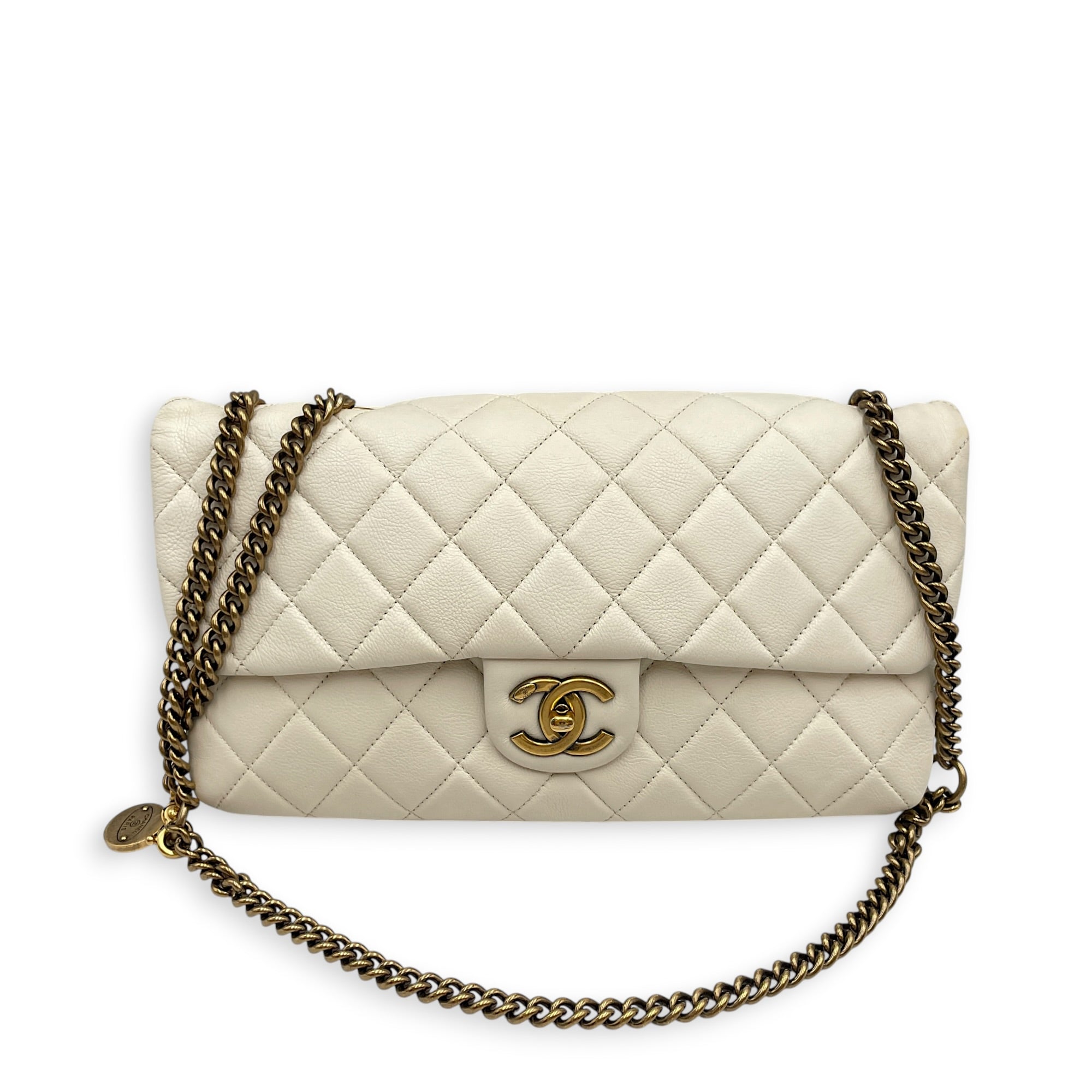Timeless CC 30cm  White  Shoulder Bag in Calfskin Antique Brass hardware CL2608-023073 15