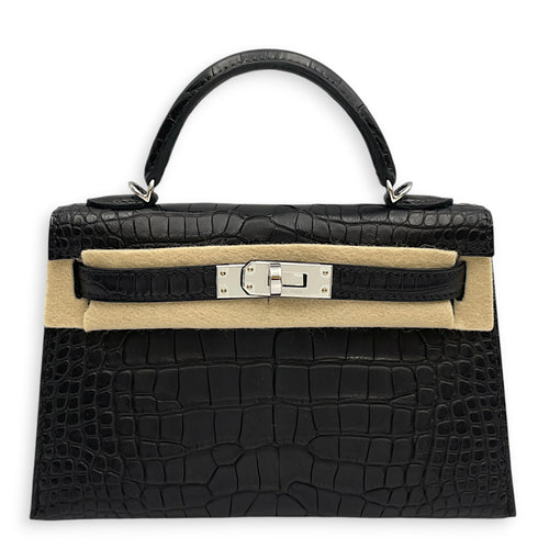 HSS Sellier Kelly  20 Noir/Gris Perle in Matte Alligator Palladium hardware