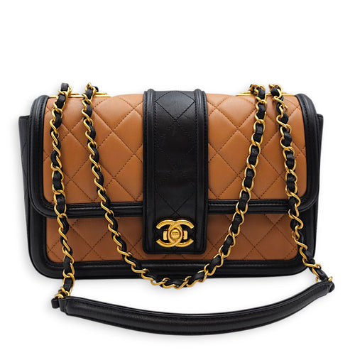 Elegant Flap  Caramel/Black Shoulder Bag in Lambskin Gold hardware
