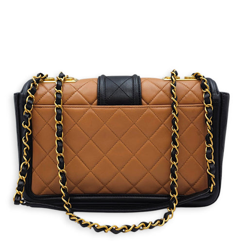 Elegant Flap  Caramel/Black Shoulder Bag in Lambskin Gold hardware
