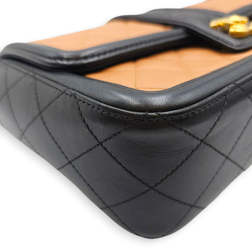 Elegant Flap  Caramel/Black Shoulder Bag in Lambskin Gold hardware