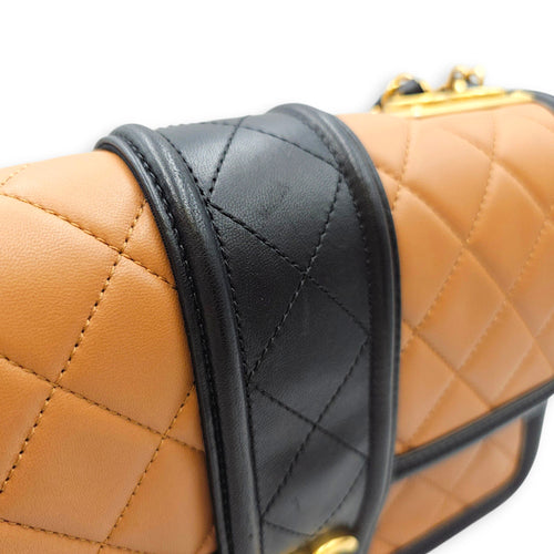 Elegant Flap  Caramel/Black Shoulder Bag in Lambskin Gold hardware