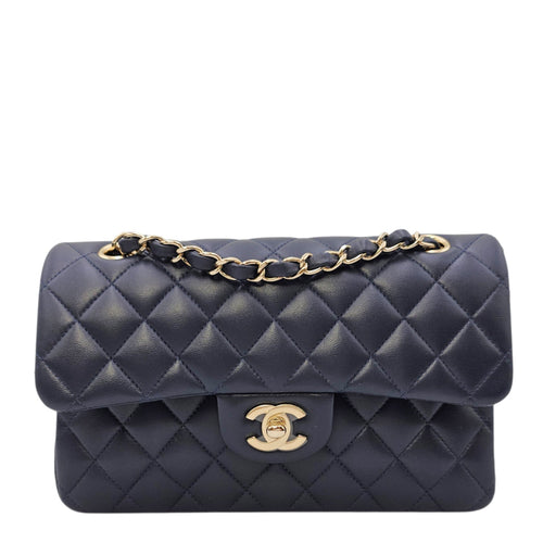 Classic Small Navy Blue Shoulder Bag in Lambskin Gold hardware