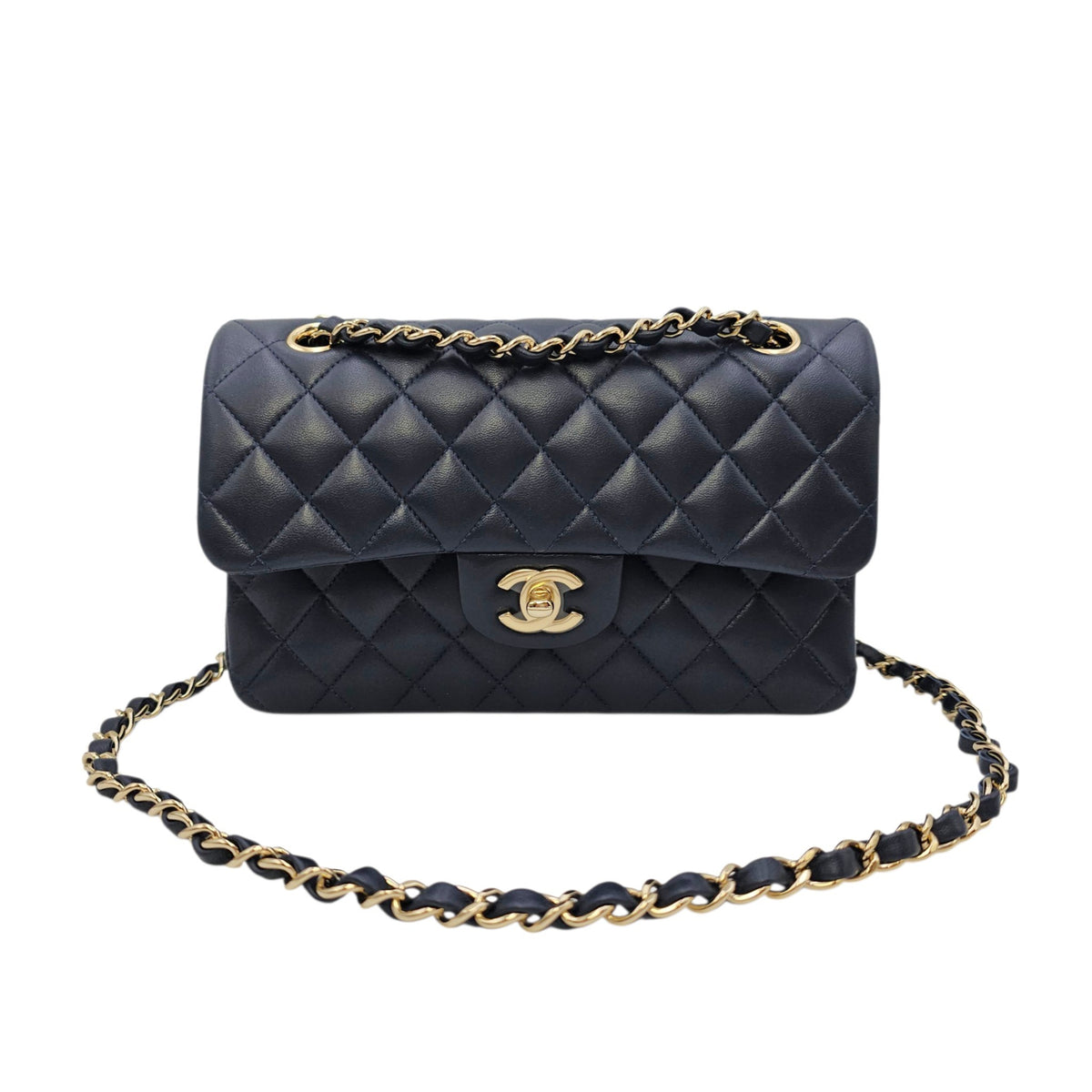 Classic Small Navy Blue Shoulder Bag in Lambskin Gold hardware