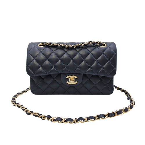 Classic Small Navy Blue Shoulder Bag in Lambskin Gold hardware