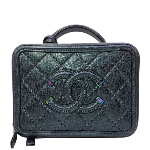 Iridescent Quilted CC Filigree Mini Blue Vanity Case in Caviar Leather Iridescent hardware