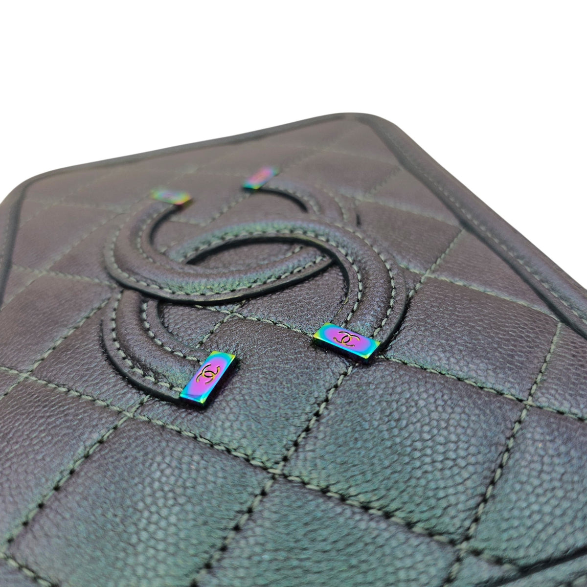 Iridescent Quilted CC Filigree Mini Blue Vanity Case in Caviar Leather Iridescent hardware