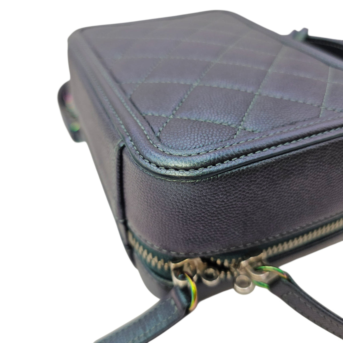 Iridescent Quilted CC Filigree Mini Blue Vanity Case in Caviar Leather Iridescent hardware