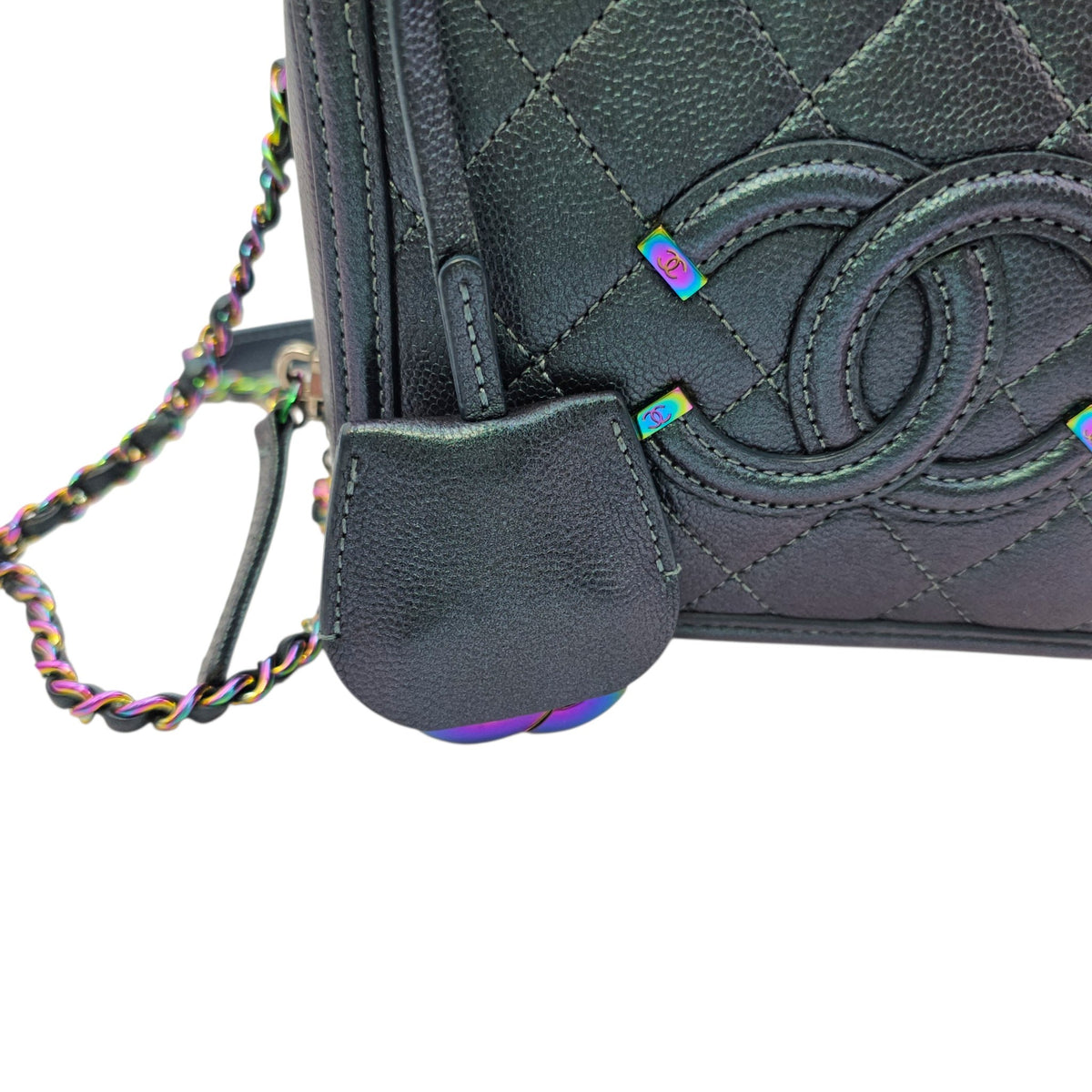 Iridescent Quilted CC Filigree Mini Blue Vanity Case in Caviar Leather Iridescent hardware