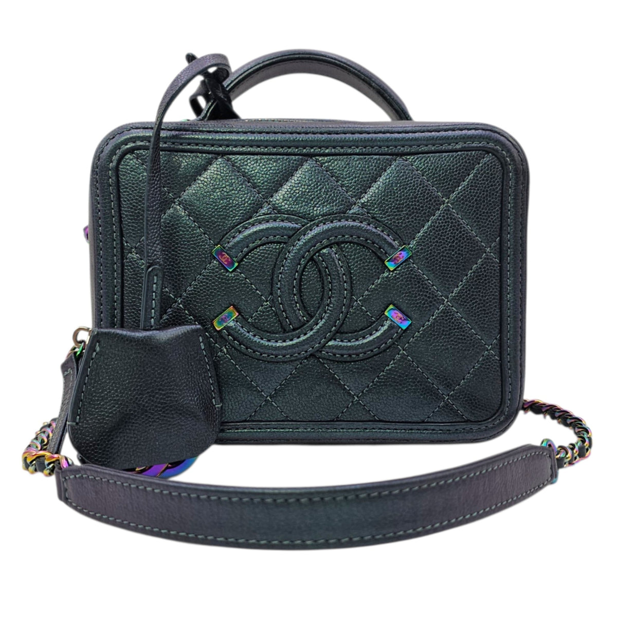 Iridescent Quilted CC Filigree Mini Blue Vanity Case in Caviar Leather Iridescent hardware