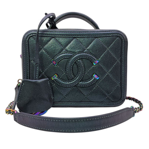 Iridescent Quilted CC Filigree Mini Blue Vanity Case in Caviar Leather Iridescent hardware