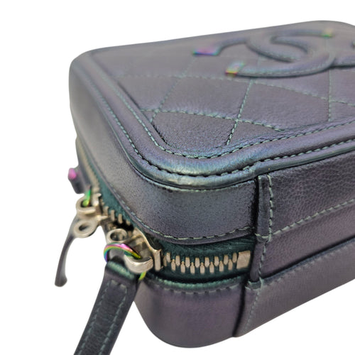 Iridescent Quilted CC Filigree Mini Blue Vanity Case in Caviar Leather Iridescent hardware