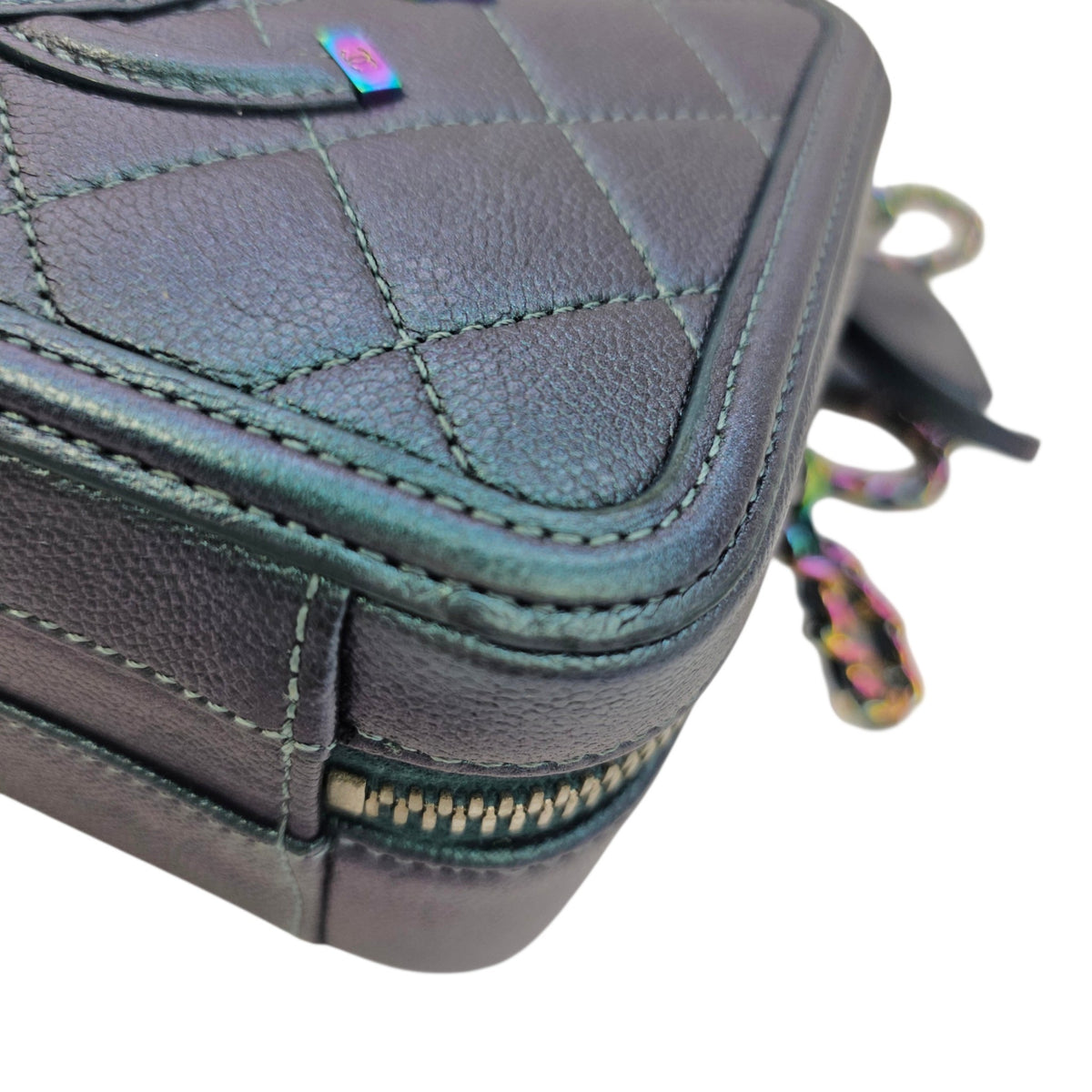 Iridescent Quilted CC Filigree Mini Blue Vanity Case in Caviar Leather Iridescent hardware