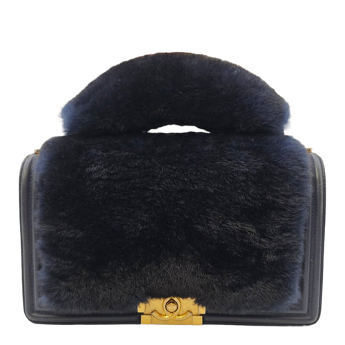 Le Boy with Top Handle Medium Blue Top Handle Bag in Orylag Rabbit Fur/Calfskin Gold hardware