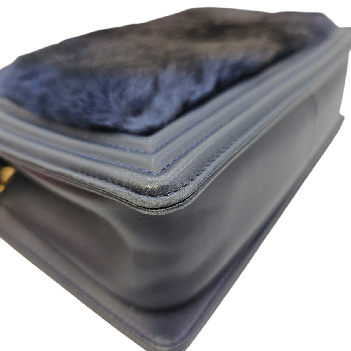 Le Boy with Top Handle Medium Blue Top Handle Bag in Orylag Rabbit Fur/Calfskin Gold hardware