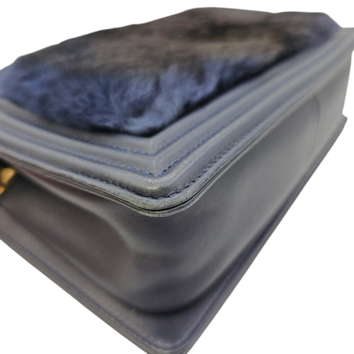 Le Boy with Top Handle Medium Blue Top Handle Bag in Orylag Rabbit Fur/Calfskin Gold hardware