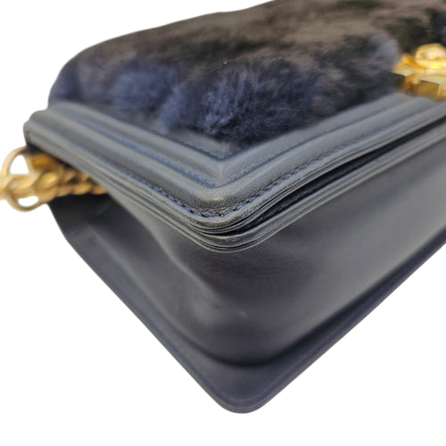 Le Boy with Top Handle Medium Blue Top Handle Bag in Orylag Rabbit Fur/Calfskin Gold hardware