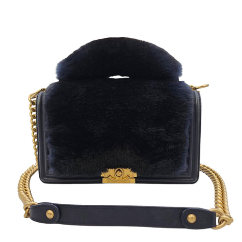 Le Boy with Top Handle Medium Blue Top Handle Bag in Orylag Rabbit Fur/Calfskin Gold hardware