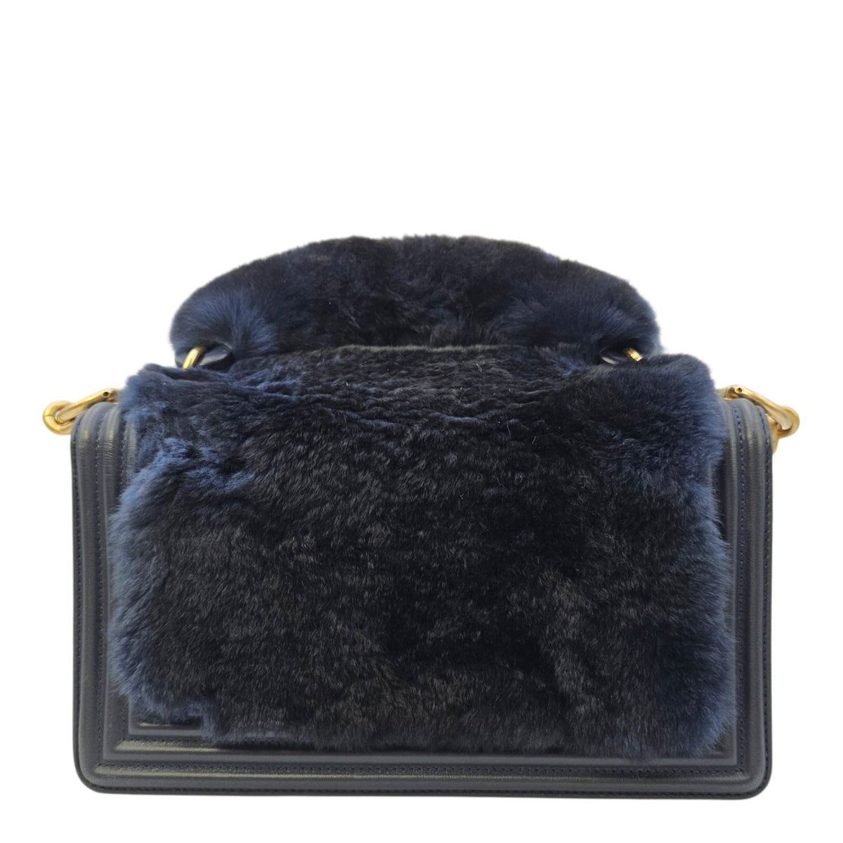 Le Boy with Top Handle Medium Blue Top Handle Bag in Orylag Rabbit Fur/Calfskin Gold hardware